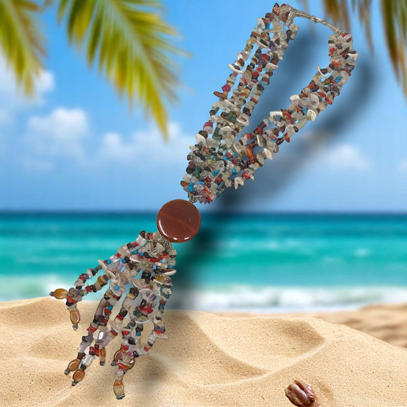 Vintage 1980's Natural Stone Chip Multistrand Beaded Statement Necklace Tropical - Picture 2 of 6